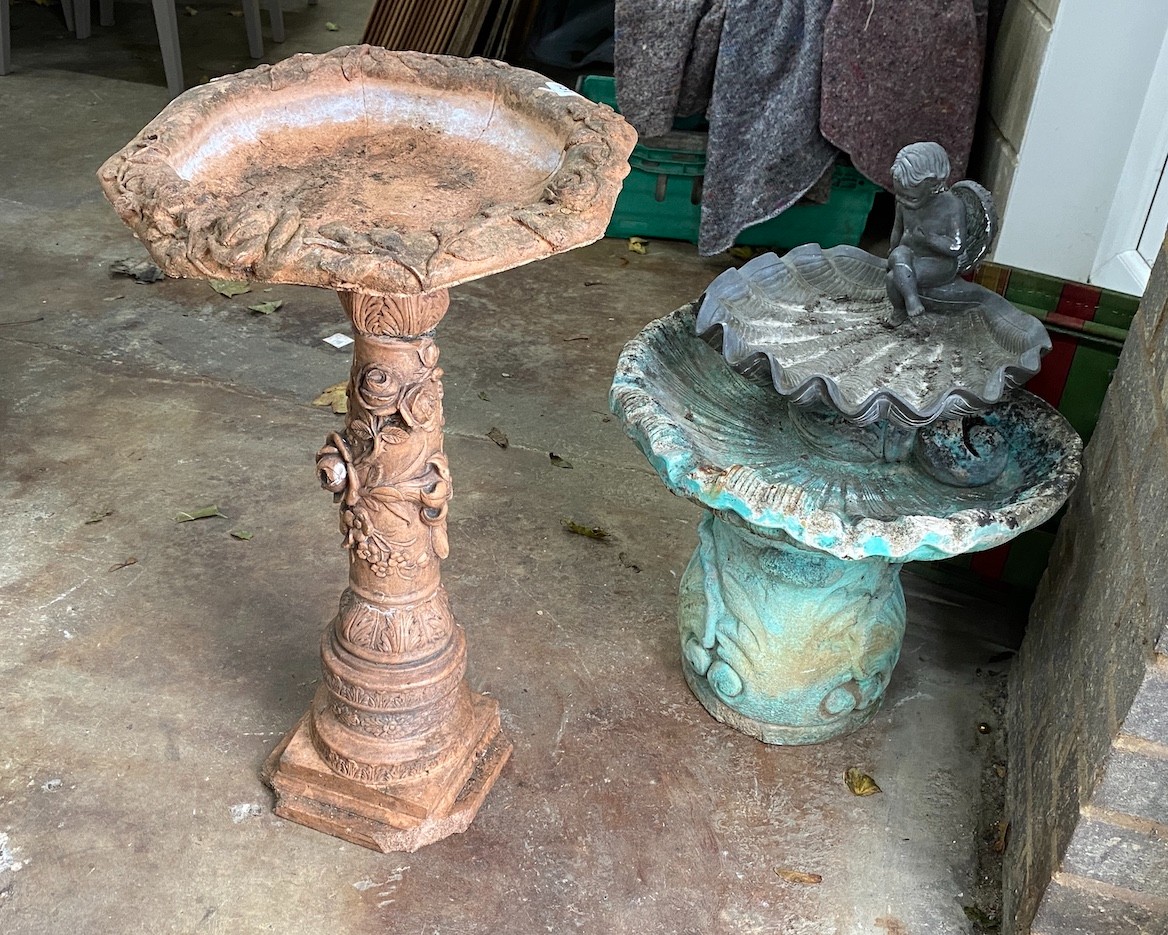 Three stone and composition bird baths, largest height 67cm and two canvas folding stools